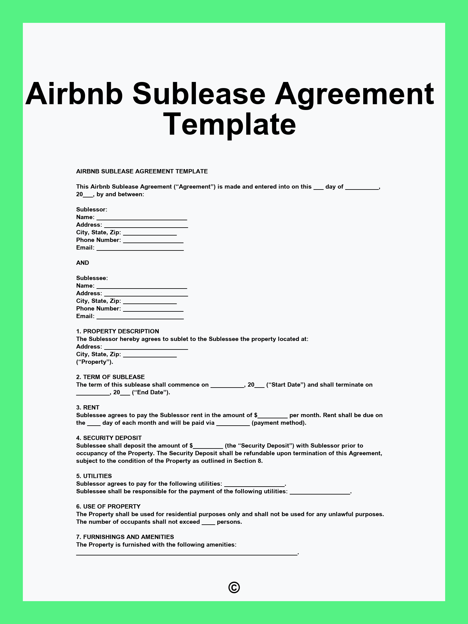 Airbnb Sublease Agreement Template