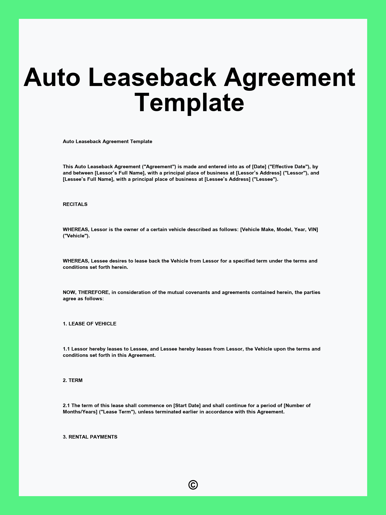 Auto Leaseback Agreement Template