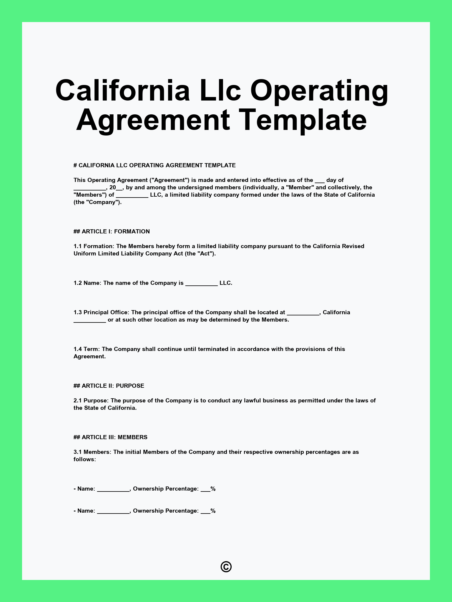 California Llc Operating Agreement Template