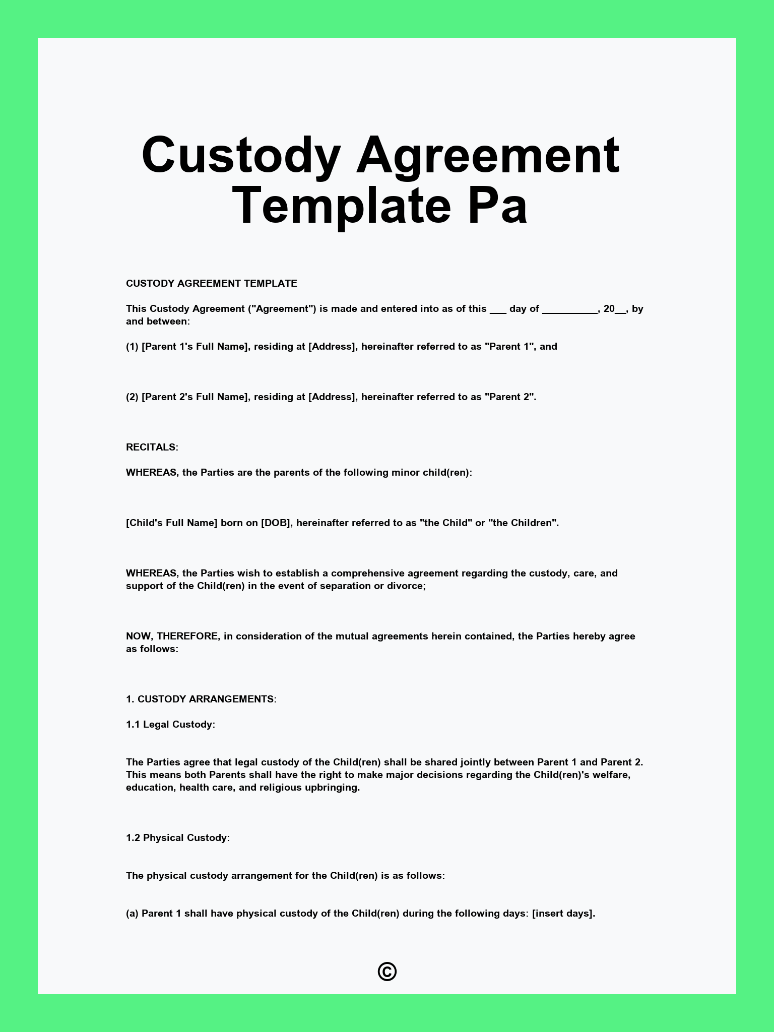 Custody Agreement Template Pa