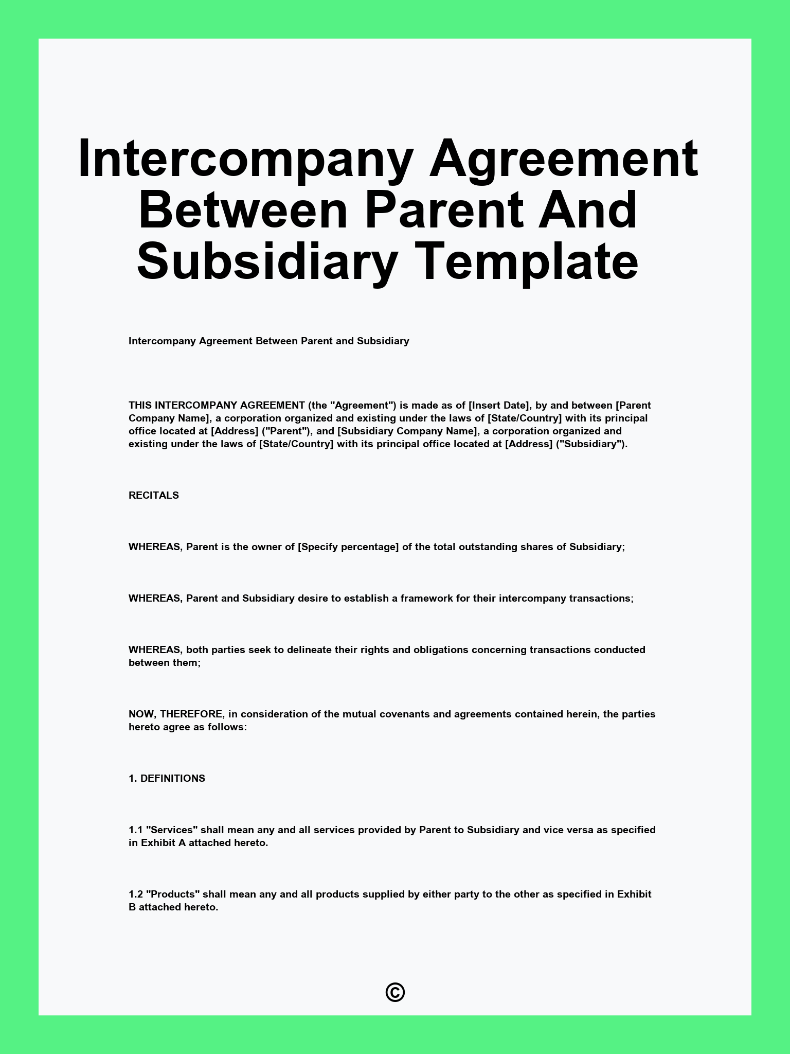 Intercompany Agreement Between Parent And Subsidiary Template