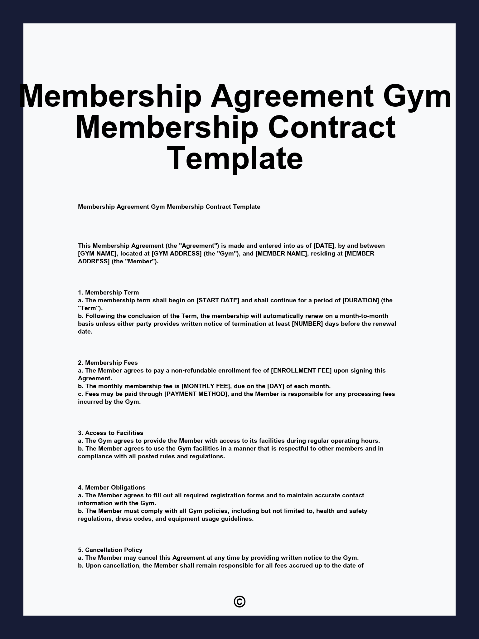 Membership Agreement Gym Membership Contract Template
