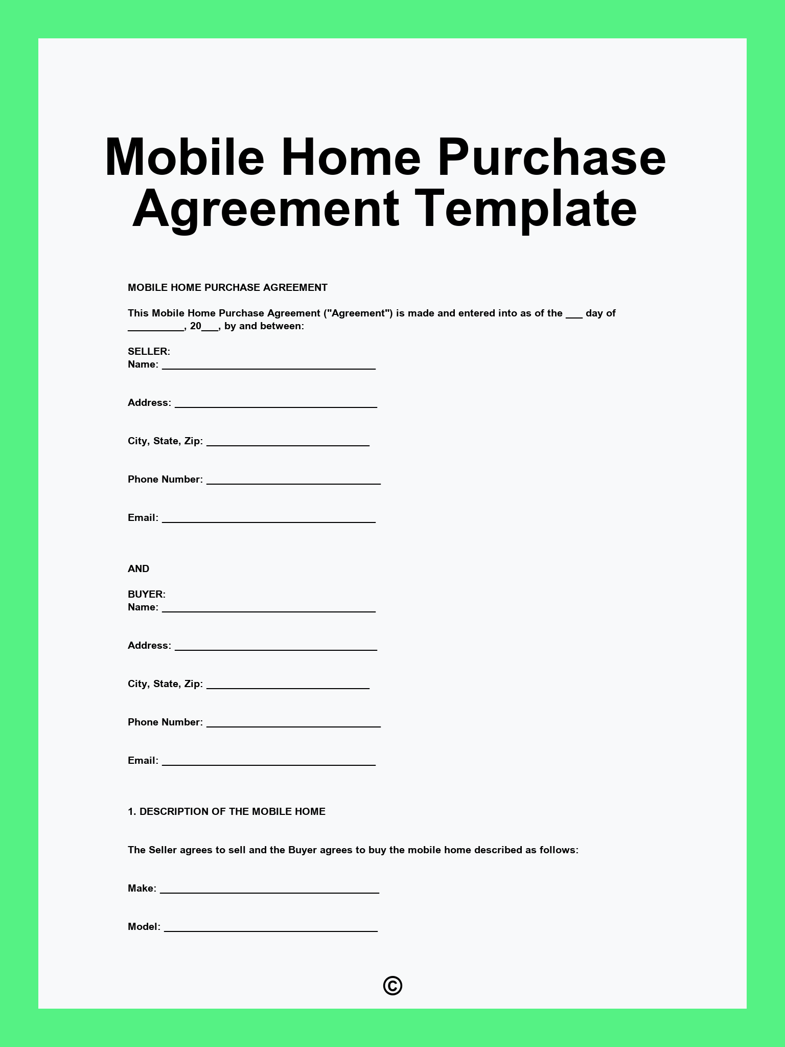 Mobile Home Purchase Agreement Template