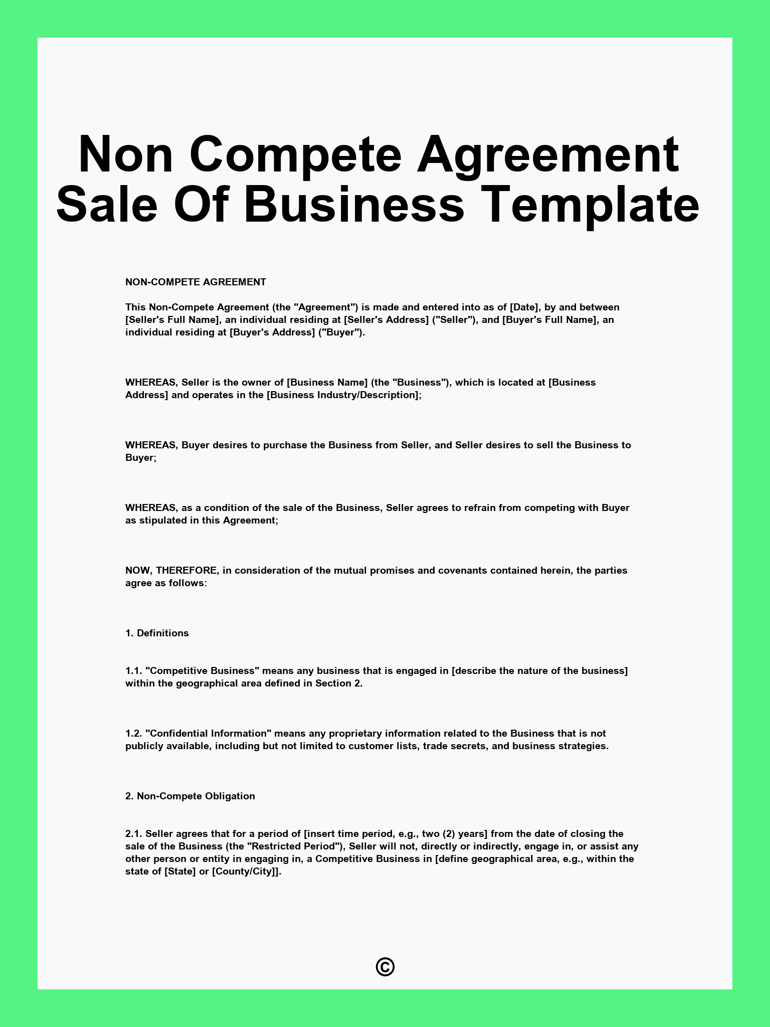 Non Compete Agreement Sale Of Business Template