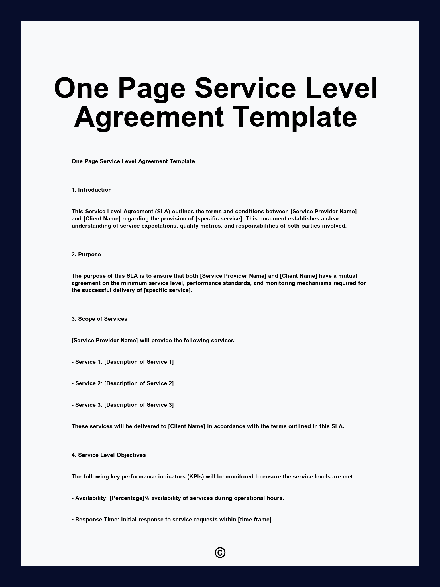 One Page Service Level Agreement Template