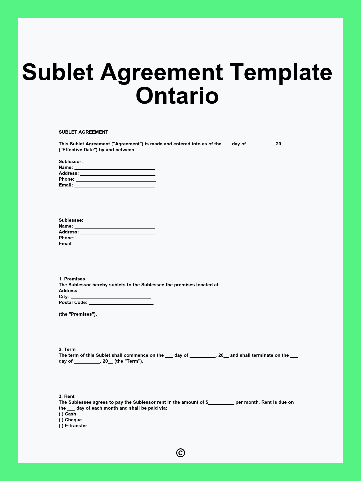 Sublet Agreement Template Ontario