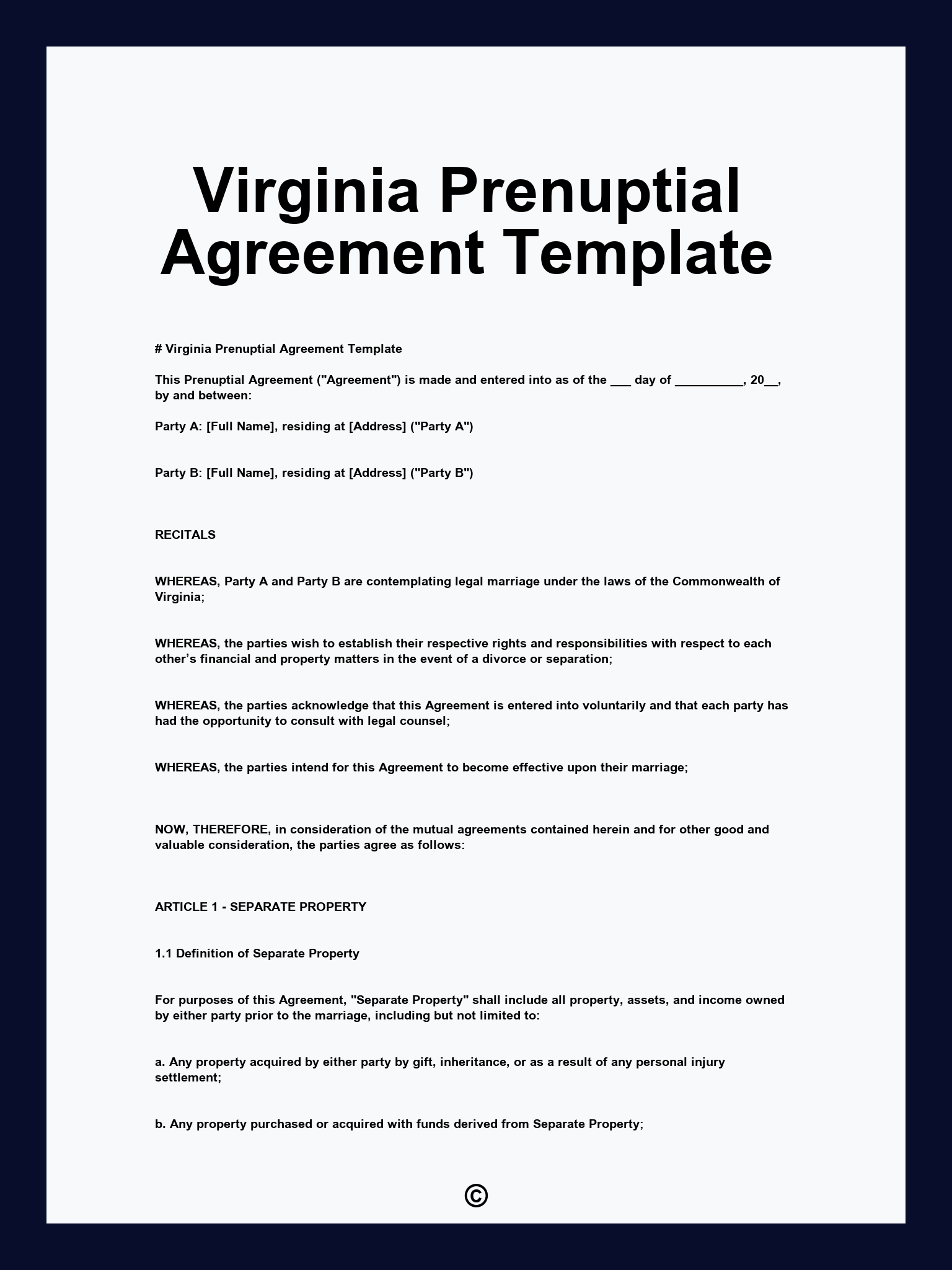 Virginia Prenuptial Agreement Template